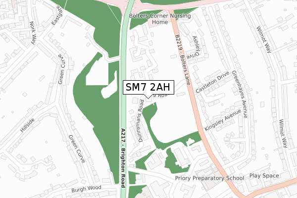 SM7 2AH map - large scale - OS Open Zoomstack (Ordnance Survey)