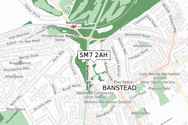SM7 2AH map - small scale - OS Open Zoomstack (Ordnance Survey)