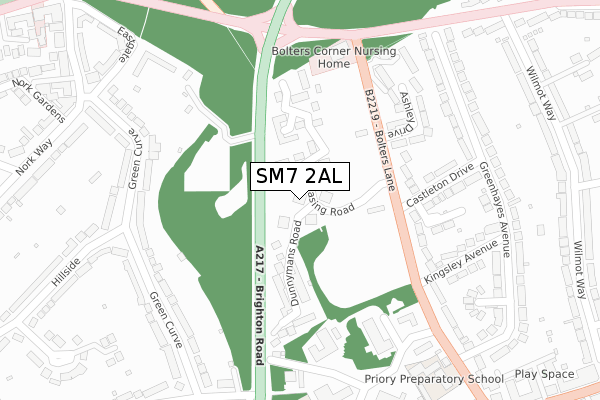 SM7 2AL map - large scale - OS Open Zoomstack (Ordnance Survey)