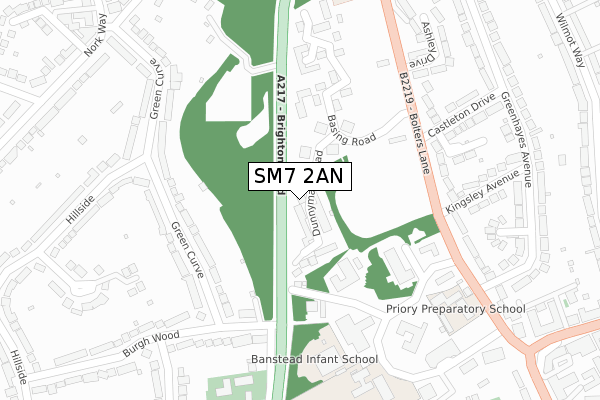SM7 2AN map - large scale - OS Open Zoomstack (Ordnance Survey)