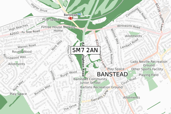 SM7 2AN map - small scale - OS Open Zoomstack (Ordnance Survey)