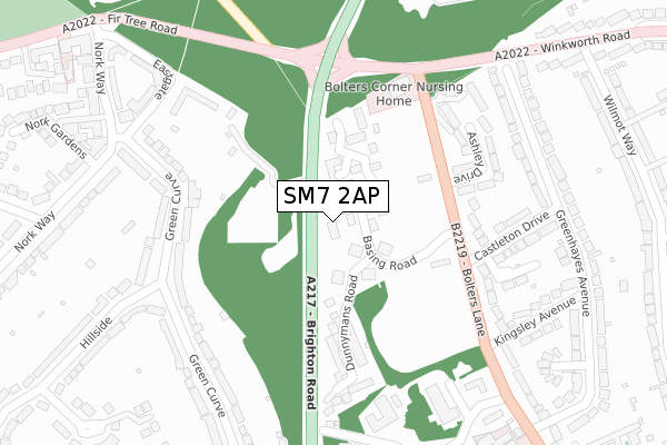 SM7 2AP map - large scale - OS Open Zoomstack (Ordnance Survey)