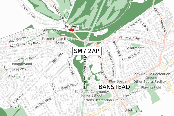 SM7 2AP map - small scale - OS Open Zoomstack (Ordnance Survey)