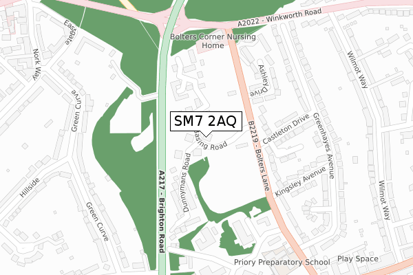 SM7 2AQ map - large scale - OS Open Zoomstack (Ordnance Survey)