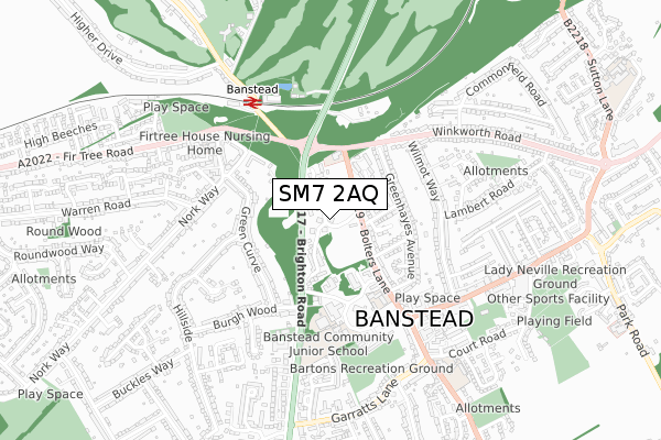 SM7 2AQ map - small scale - OS Open Zoomstack (Ordnance Survey)
