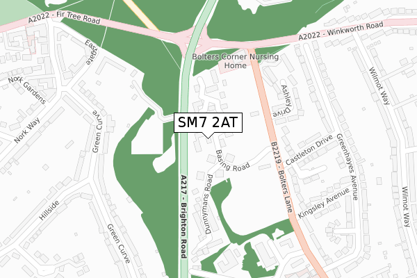 SM7 2AT map - large scale - OS Open Zoomstack (Ordnance Survey)
