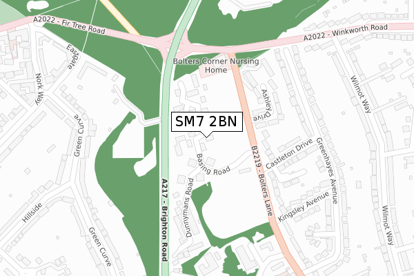 SM7 2BN map - large scale - OS Open Zoomstack (Ordnance Survey)