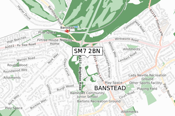SM7 2BN map - small scale - OS Open Zoomstack (Ordnance Survey)