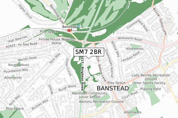 SM7 2BR map - small scale - OS Open Zoomstack (Ordnance Survey)