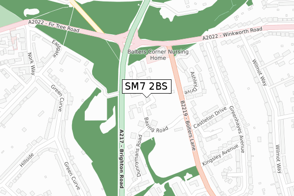SM7 2BS map - large scale - OS Open Zoomstack (Ordnance Survey)