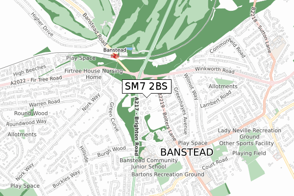 SM7 2BS map - small scale - OS Open Zoomstack (Ordnance Survey)