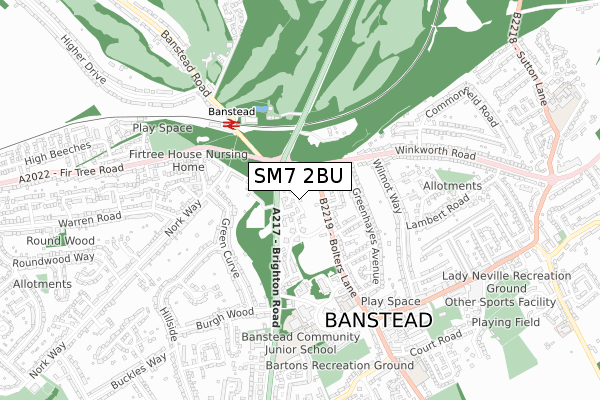 SM7 2BU map - small scale - OS Open Zoomstack (Ordnance Survey)