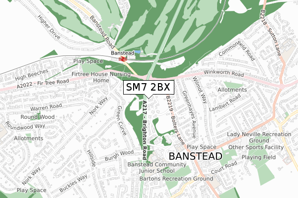 SM7 2BX map - small scale - OS Open Zoomstack (Ordnance Survey)