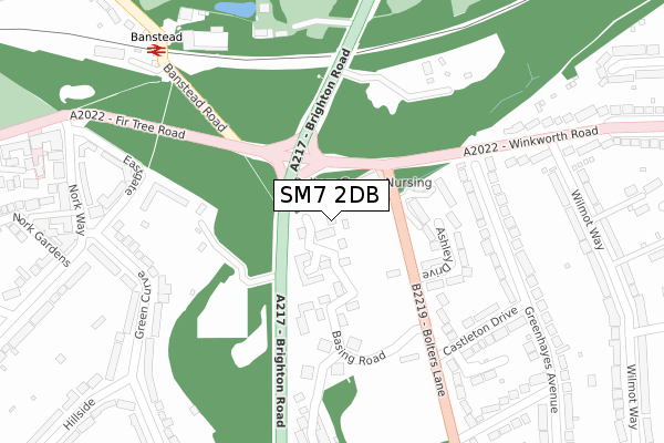 SM7 2DB map - large scale - OS Open Zoomstack (Ordnance Survey)