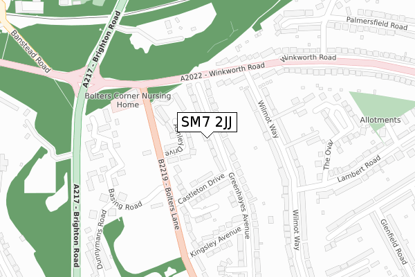 SM7 2JJ map - large scale - OS Open Zoomstack (Ordnance Survey)