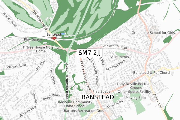 SM7 2JJ map - small scale - OS Open Zoomstack (Ordnance Survey)