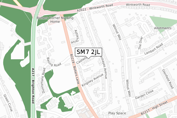 SM7 2JL map - large scale - OS Open Zoomstack (Ordnance Survey)