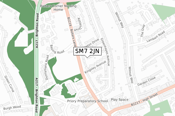 SM7 2JN map - large scale - OS Open Zoomstack (Ordnance Survey)