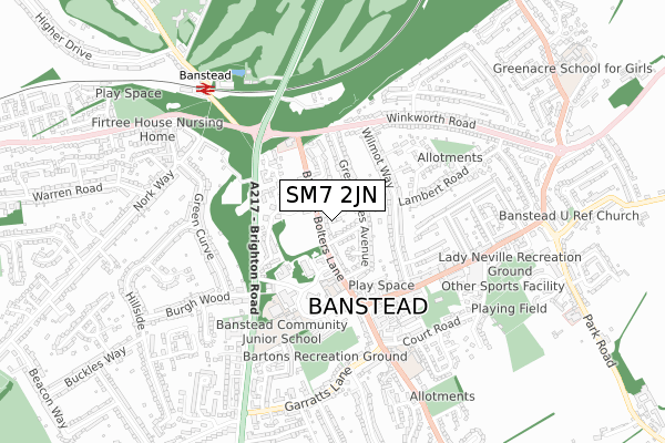 SM7 2JN map - small scale - OS Open Zoomstack (Ordnance Survey)