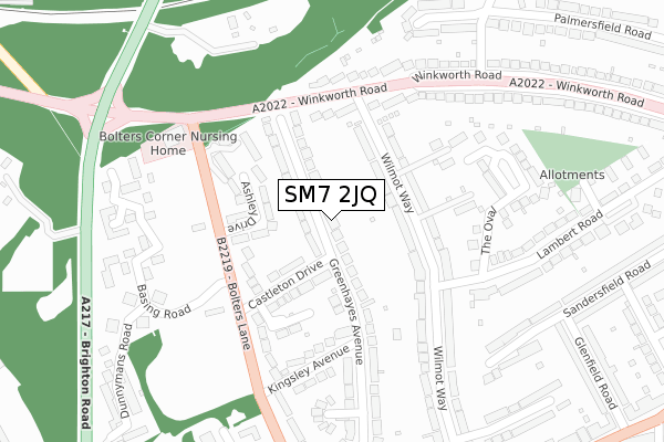 SM7 2JQ map - large scale - OS Open Zoomstack (Ordnance Survey)