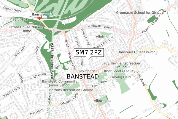 SM7 2PZ map - small scale - OS Open Zoomstack (Ordnance Survey)