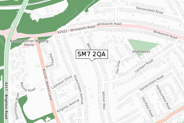 SM7 2QA map - large scale - OS Open Zoomstack (Ordnance Survey)