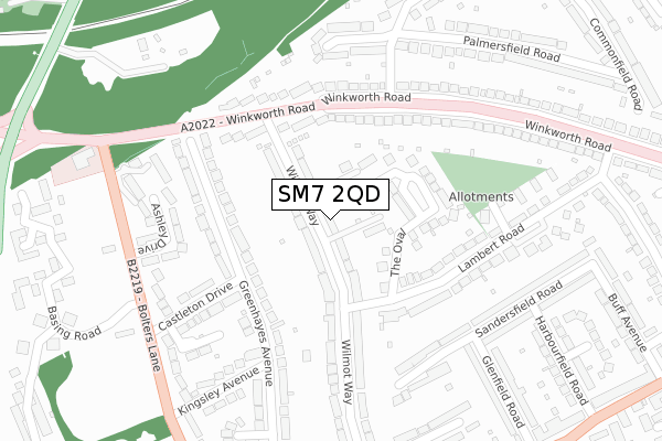 SM7 2QD map - large scale - OS Open Zoomstack (Ordnance Survey)