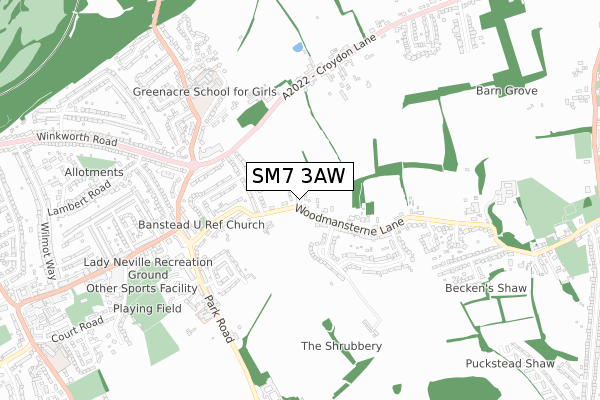 SM7 3AW map - small scale - OS Open Zoomstack (Ordnance Survey)