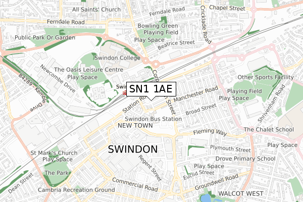 SN1 1AE map - small scale - OS Open Zoomstack (Ordnance Survey)