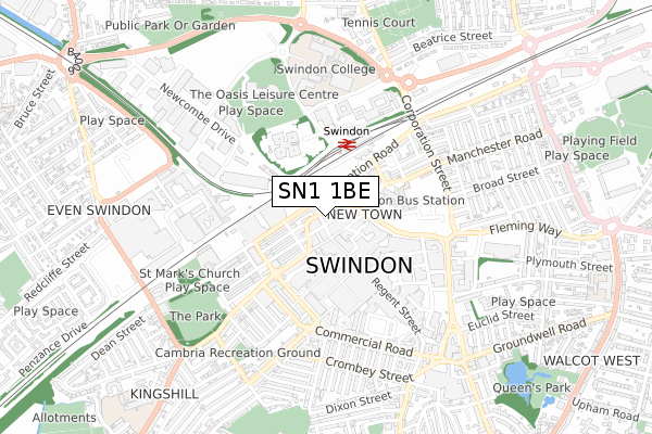 SN1 1BE map - small scale - OS Open Zoomstack (Ordnance Survey)