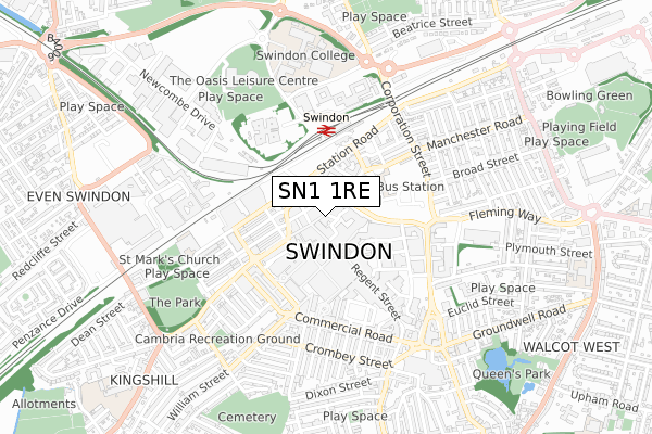 SN1 1RE map - small scale - OS Open Zoomstack (Ordnance Survey)