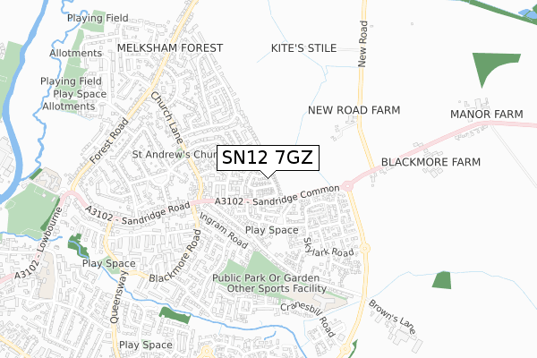 SN12 7GZ map - small scale - OS Open Zoomstack (Ordnance Survey)