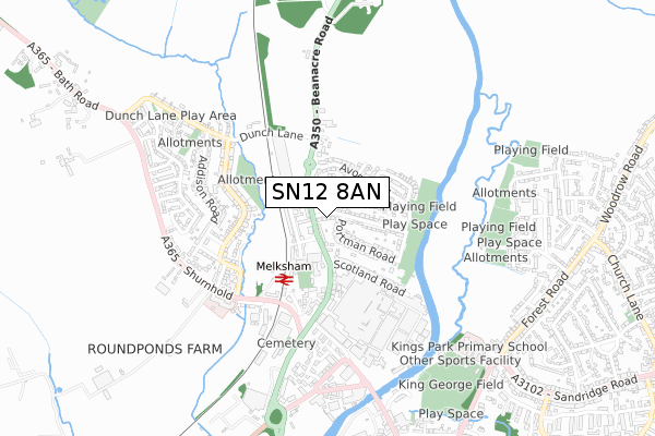 SN12 8AN map - small scale - OS Open Zoomstack (Ordnance Survey)