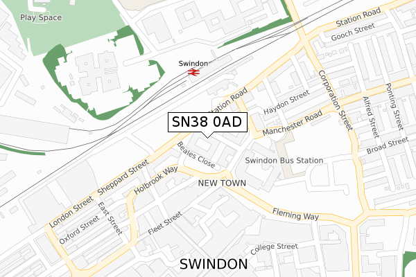 SN38 0AD map - large scale - OS Open Zoomstack (Ordnance Survey)