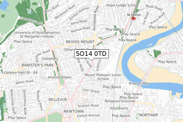 SO14 0TD map - small scale - OS Open Zoomstack (Ordnance Survey)