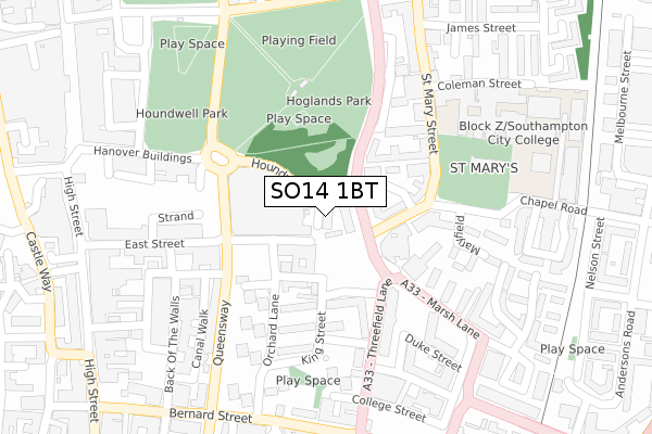 SO14 1BT map - large scale - OS Open Zoomstack (Ordnance Survey)