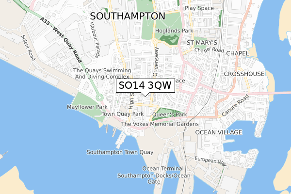 SO14 3QW map - small scale - OS Open Zoomstack (Ordnance Survey)