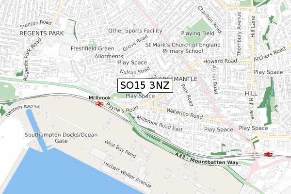 SO15 3NZ map - small scale - OS Open Zoomstack (Ordnance Survey) SO15 3NZ map - small scale - OS Open Zoomstack (Ordnance Survey)