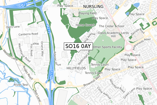 SO16 0AY map - small scale - OS Open Zoomstack (Ordnance Survey)