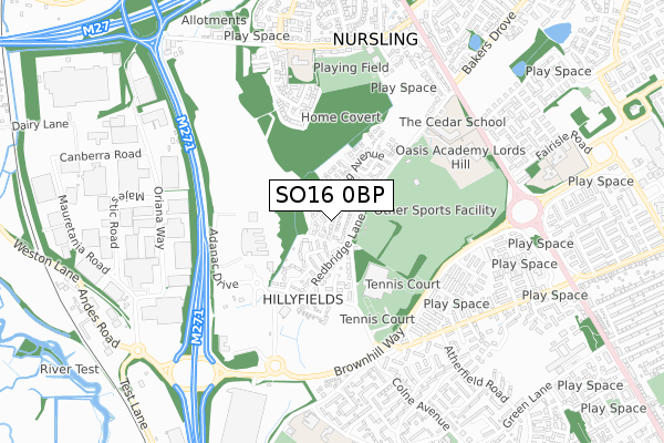 SO16 0BP map - small scale - OS Open Zoomstack (Ordnance Survey)