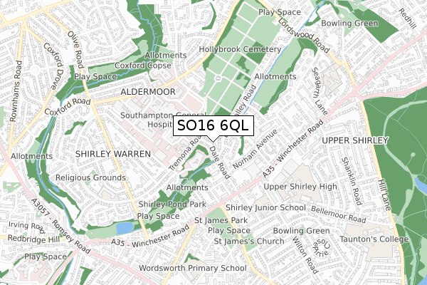 SO16 6QL map - small scale - OS Open Zoomstack (Ordnance Survey)