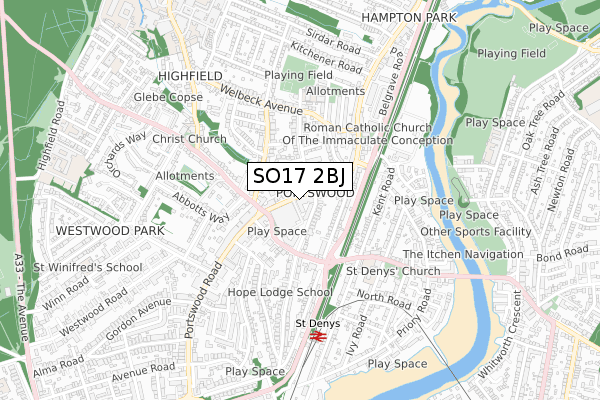 SO17 2BJ map - small scale - OS Open Zoomstack (Ordnance Survey)