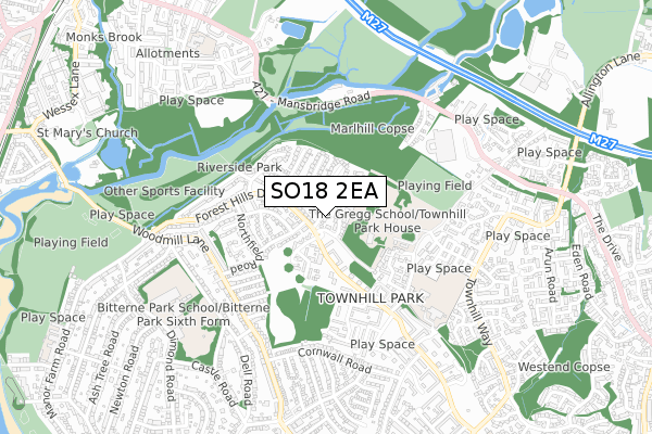 SO18 2EA map - small scale - OS Open Zoomstack (Ordnance Survey)