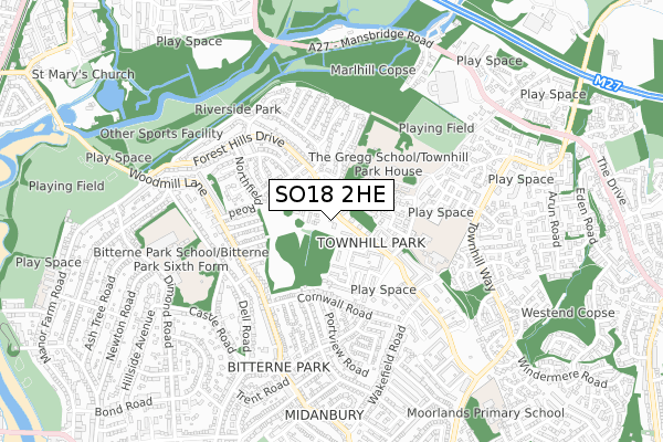SO18 2HE map - small scale - OS Open Zoomstack (Ordnance Survey)