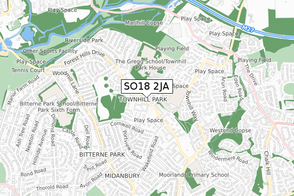 SO18 2JA map - small scale - OS Open Zoomstack (Ordnance Survey)