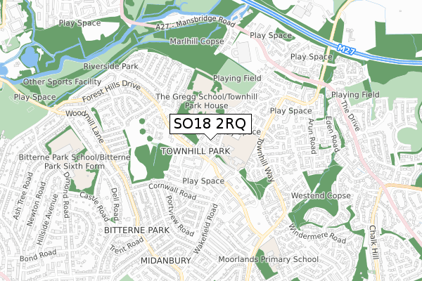 SO18 2RQ map - small scale - OS Open Zoomstack (Ordnance Survey)