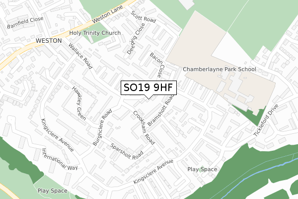 SO19 9HF map - large scale - OS Open Zoomstack (Ordnance Survey)