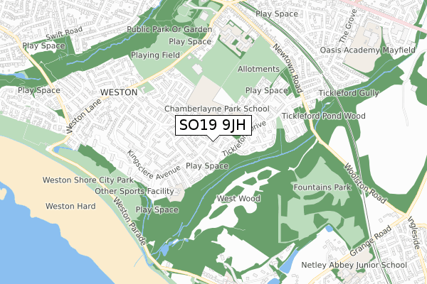 SO19 9JH map - small scale - OS Open Zoomstack (Ordnance Survey)