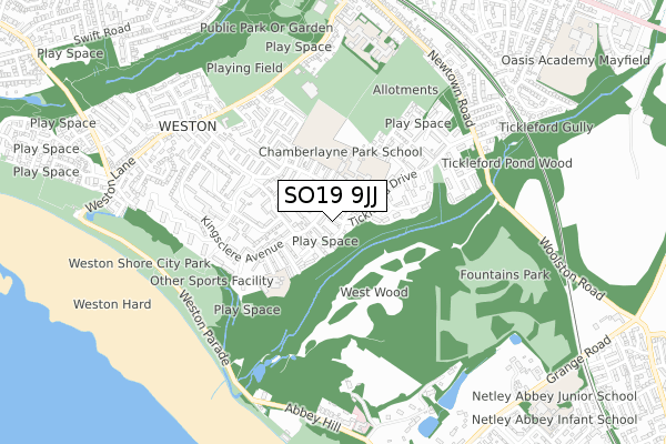 SO19 9JJ map - small scale - OS Open Zoomstack (Ordnance Survey)