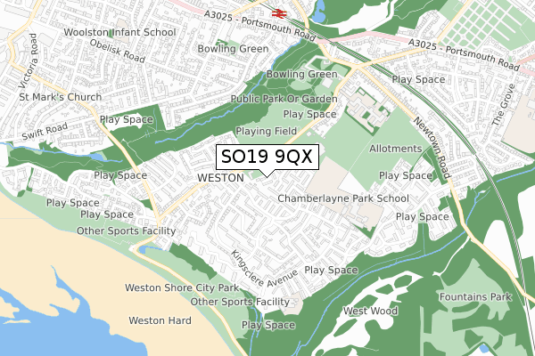 SO19 9QX map - small scale - OS Open Zoomstack (Ordnance Survey)